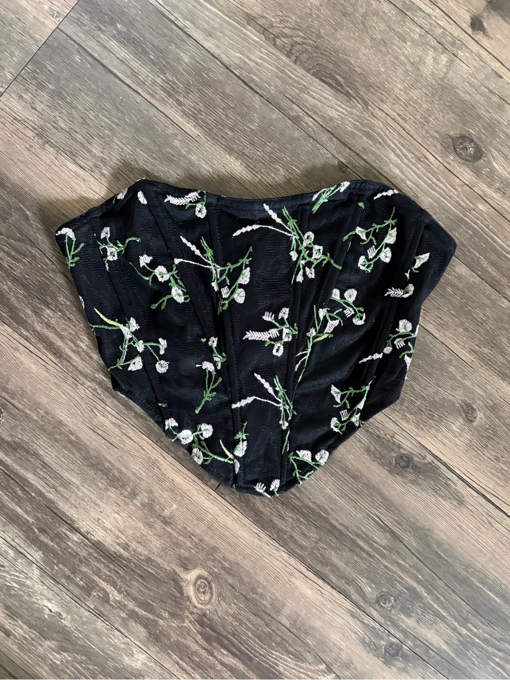 Black Floral Embroidered Corset-Style Crop Top